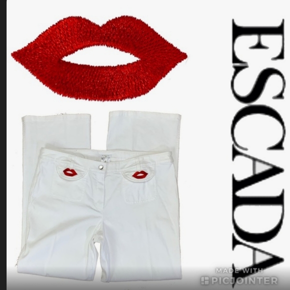 Escada White Red Lip Embroidered Wide Leg Jeans sz 42 US size 12 NWT - Picture 5 of 13